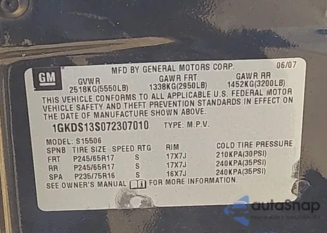 2007 GMC Envoy Sle z USA, uszkodzony, nr VIN 1GKDS13S072307010